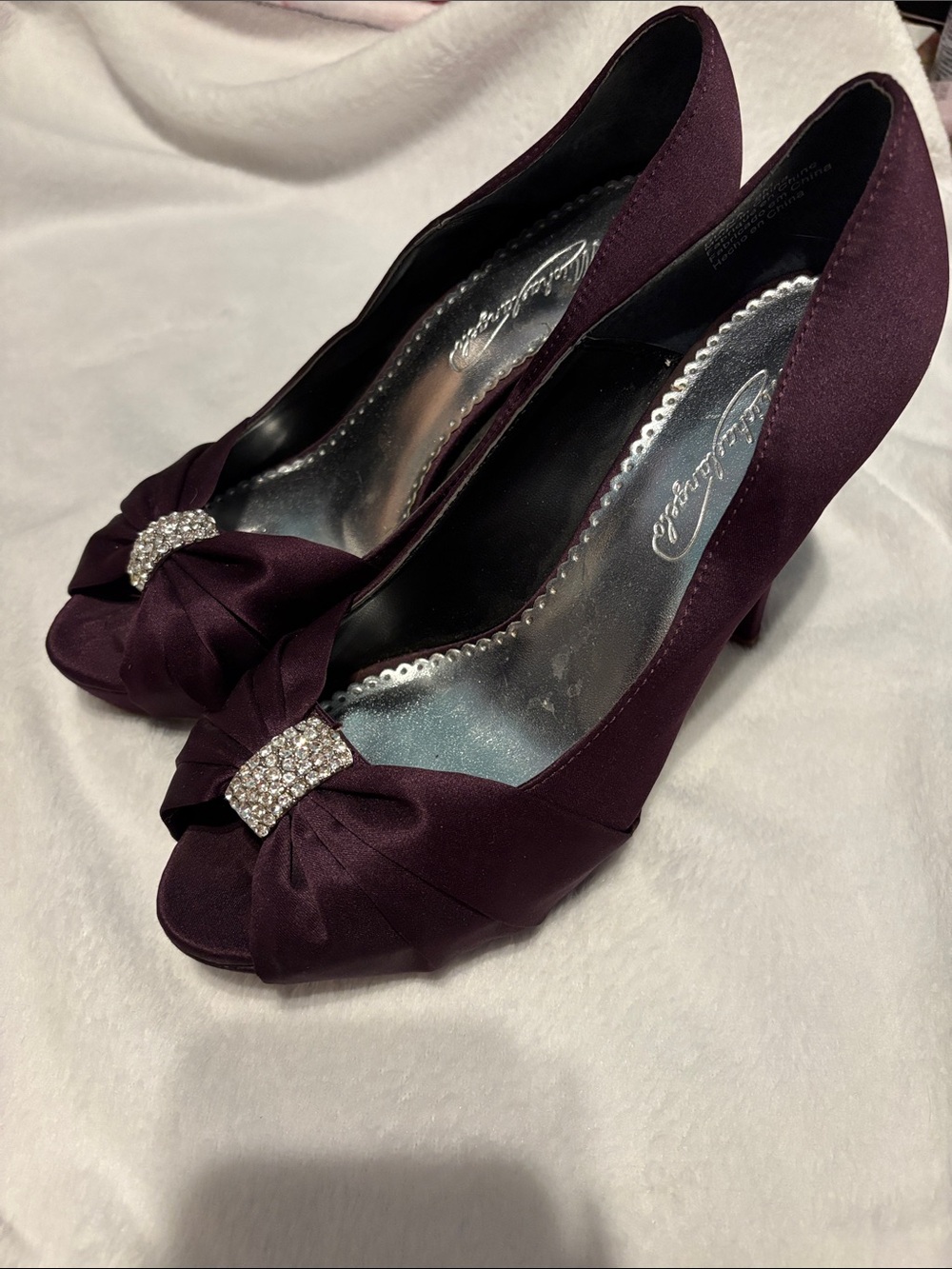Michaelangelo Plum Satin Peep-Toe Heels with Rhinestone Bow
